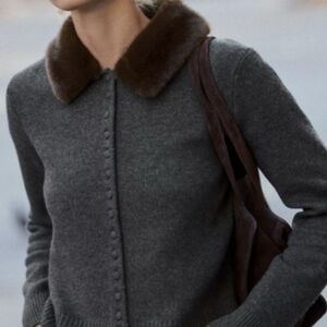 Zara FAUX FUR LAPEL KNIT CARDIGAN Gray with Brown Faux Fur Collar